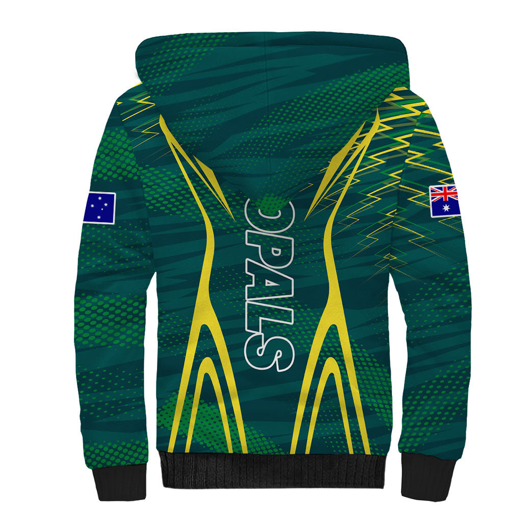Australian Opals Basketball Sherpa Hoodie Iconic Green And Gold Silhouette With Sharp Abstract Graphics
