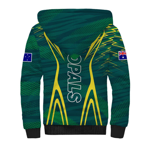 Australian Opals Basketball Sherpa Hoodie Iconic Green And Gold Silhouette With Sharp Abstract Graphics