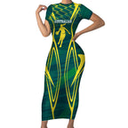 Australian Opals Basketball Short Sleeve Bodycon Dress Iconic Green And Gold Silhouette With Sharp Abstract Graphics