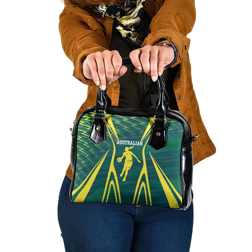 Australian Opals Basketball Shoulder Handbag Iconic Green And Gold Silhouette With Sharp Abstract Graphics