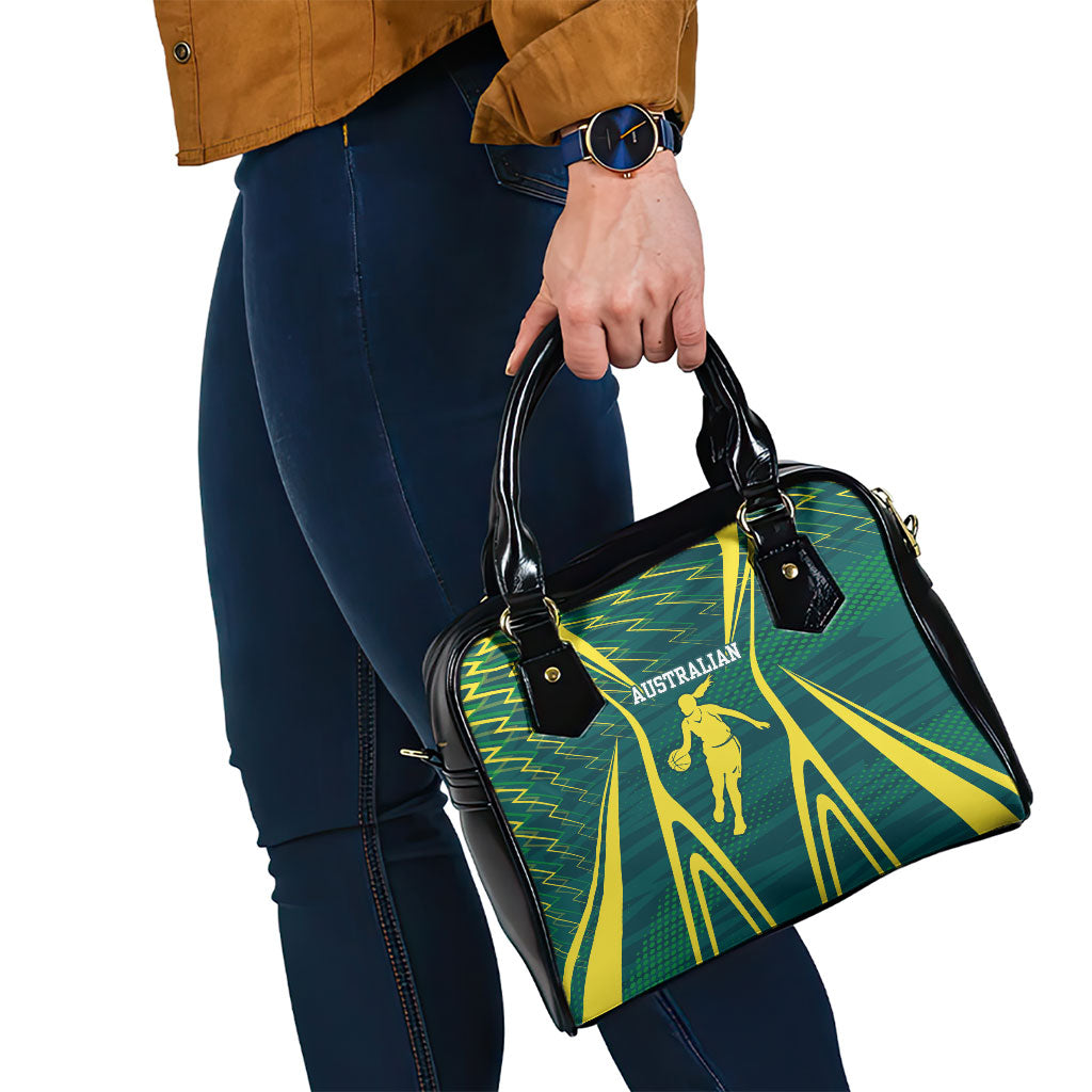 Australian Opals Basketball Shoulder Handbag Iconic Green And Gold Silhouette With Sharp Abstract Graphics