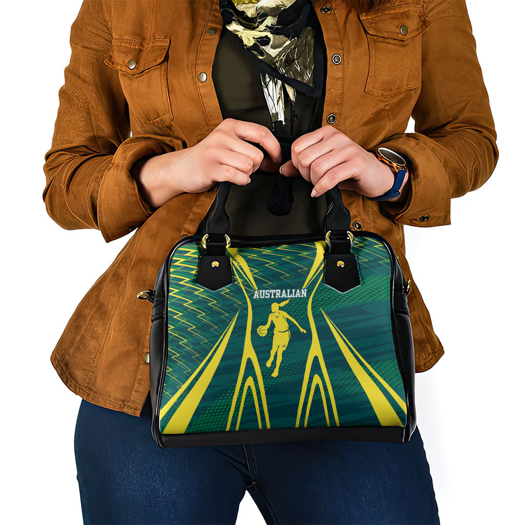 Australian Opals Basketball Shoulder Handbag Iconic Green And Gold Silhouette With Sharp Abstract Graphics