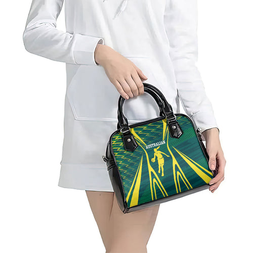 Australian Opals Basketball Shoulder Handbag Iconic Green And Gold Silhouette With Sharp Abstract Graphics