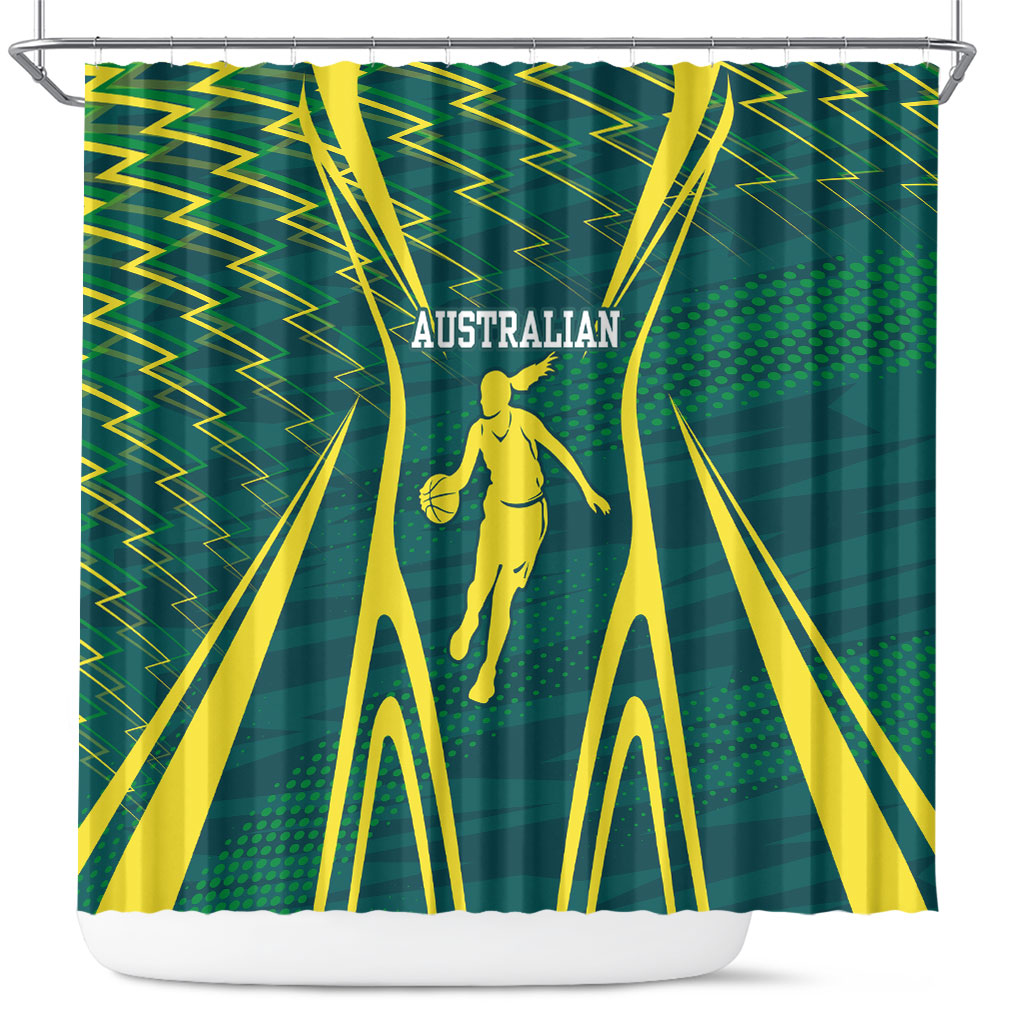 Australian Opals Basketball Shower Curtain Iconic Green And Gold Silhouette With Sharp Abstract Graphics
