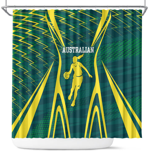 Australian Opals Basketball Shower Curtain Iconic Green And Gold Silhouette With Sharp Abstract Graphics