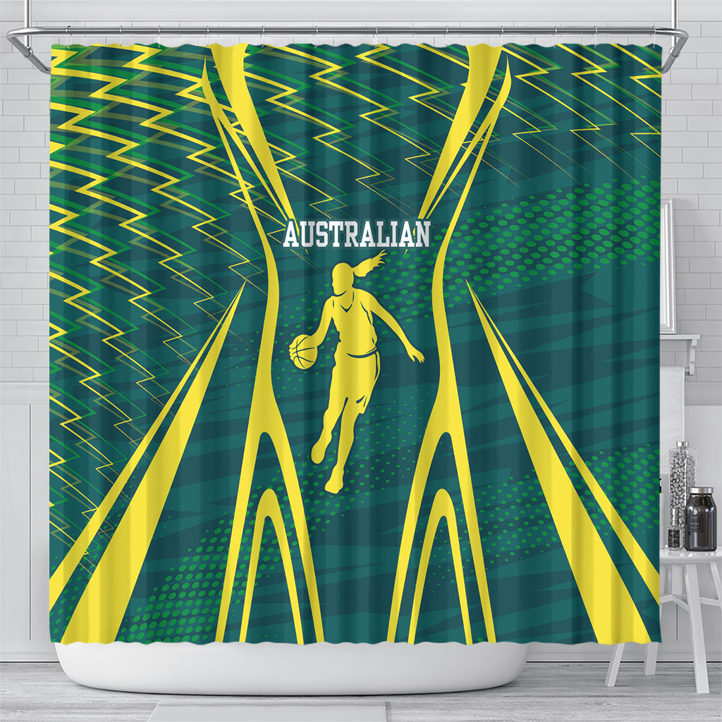 Australian Opals Basketball Shower Curtain Iconic Green And Gold Silhouette With Sharp Abstract Graphics