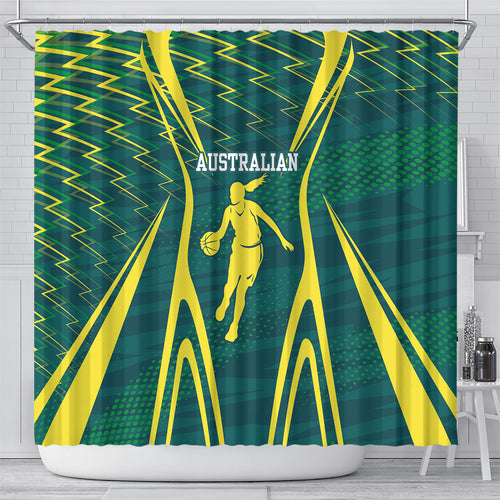 Australian Opals Basketball Shower Curtain Iconic Green And Gold Silhouette With Sharp Abstract Graphics