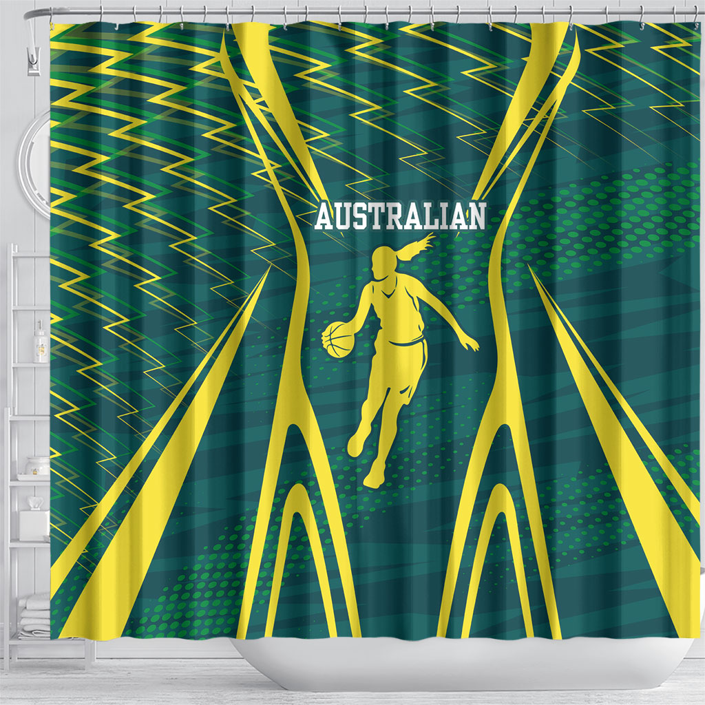 Australian Opals Basketball Shower Curtain Iconic Green And Gold Silhouette With Sharp Abstract Graphics