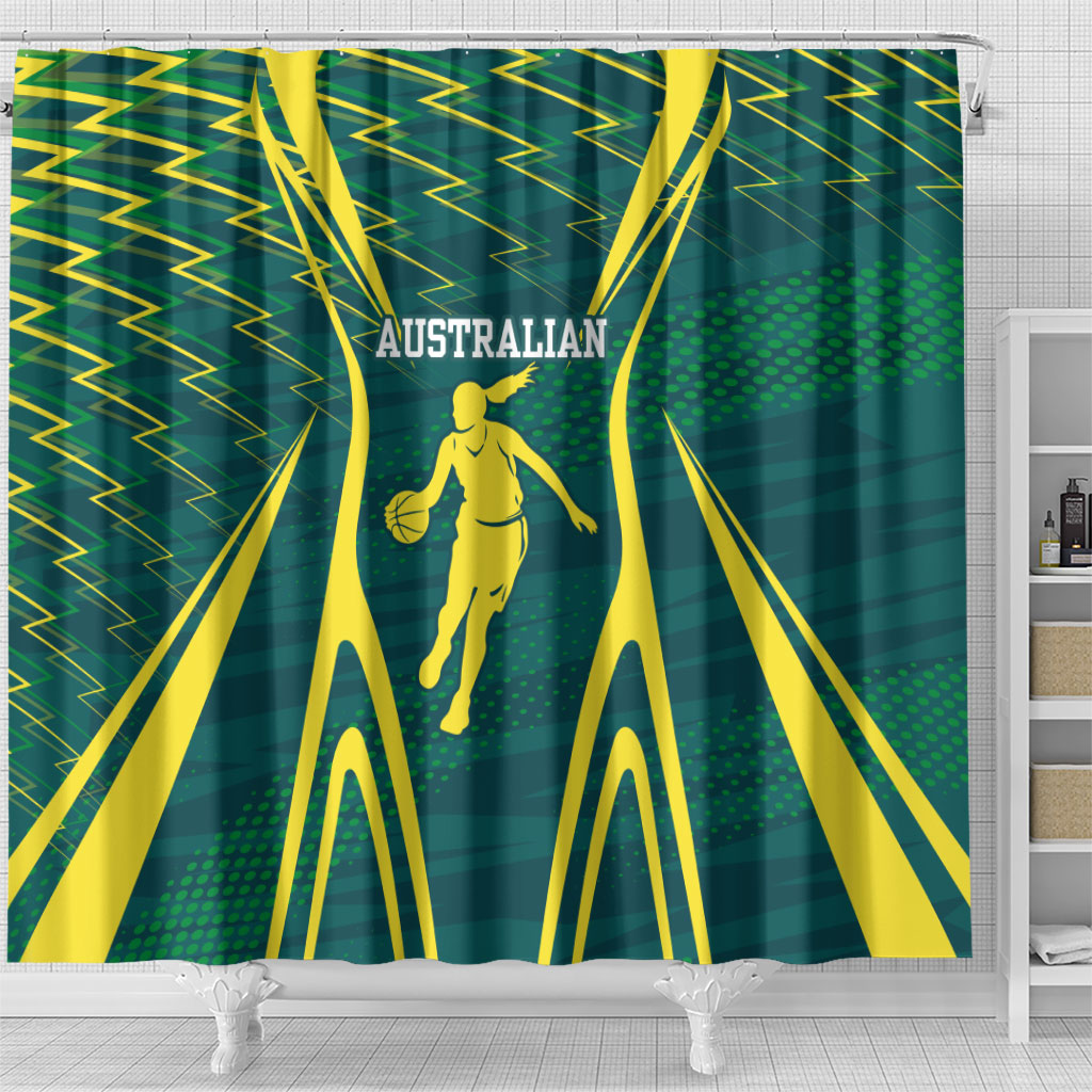 Australian Opals Basketball Shower Curtain Iconic Green And Gold Silhouette With Sharp Abstract Graphics