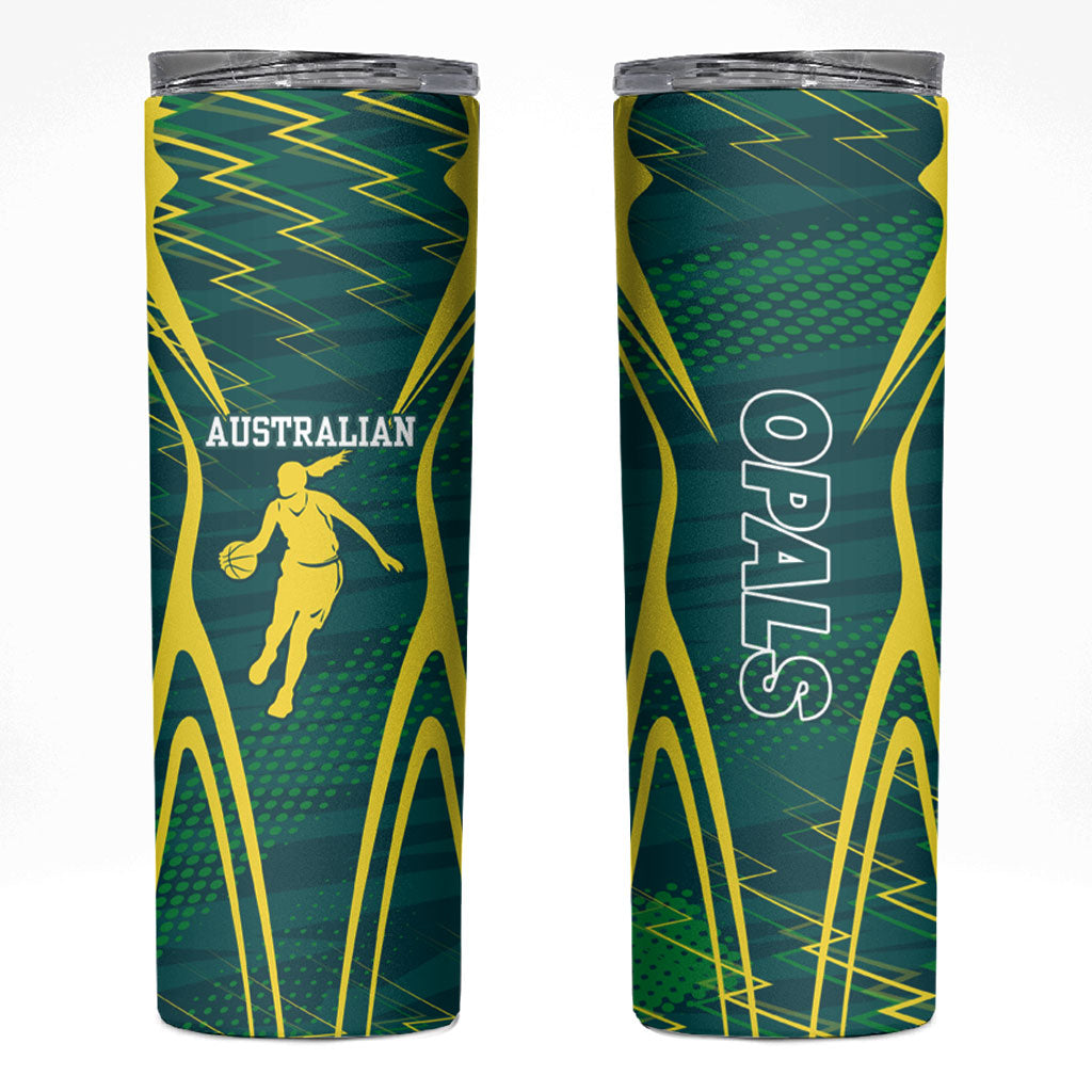 Australian Opals Basketball Skinny Tumbler Iconic Green And Gold Silhouette With Sharp Abstract Graphics