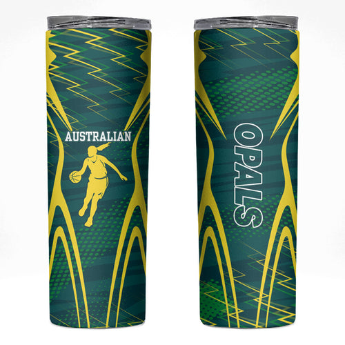 Australian Opals Basketball Skinny Tumbler Iconic Green And Gold Silhouette With Sharp Abstract Graphics