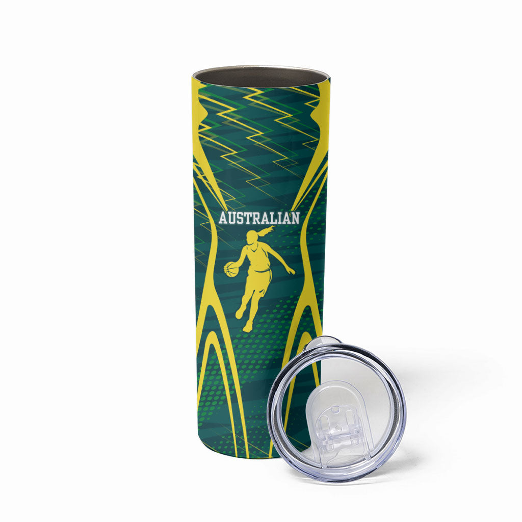 Australian Opals Basketball Skinny Tumbler Iconic Green And Gold Silhouette With Sharp Abstract Graphics