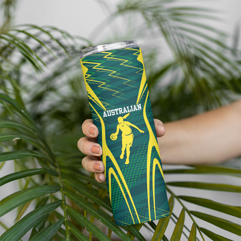 Australian Opals Basketball Skinny Tumbler Iconic Green And Gold Silhouette With Sharp Abstract Graphics