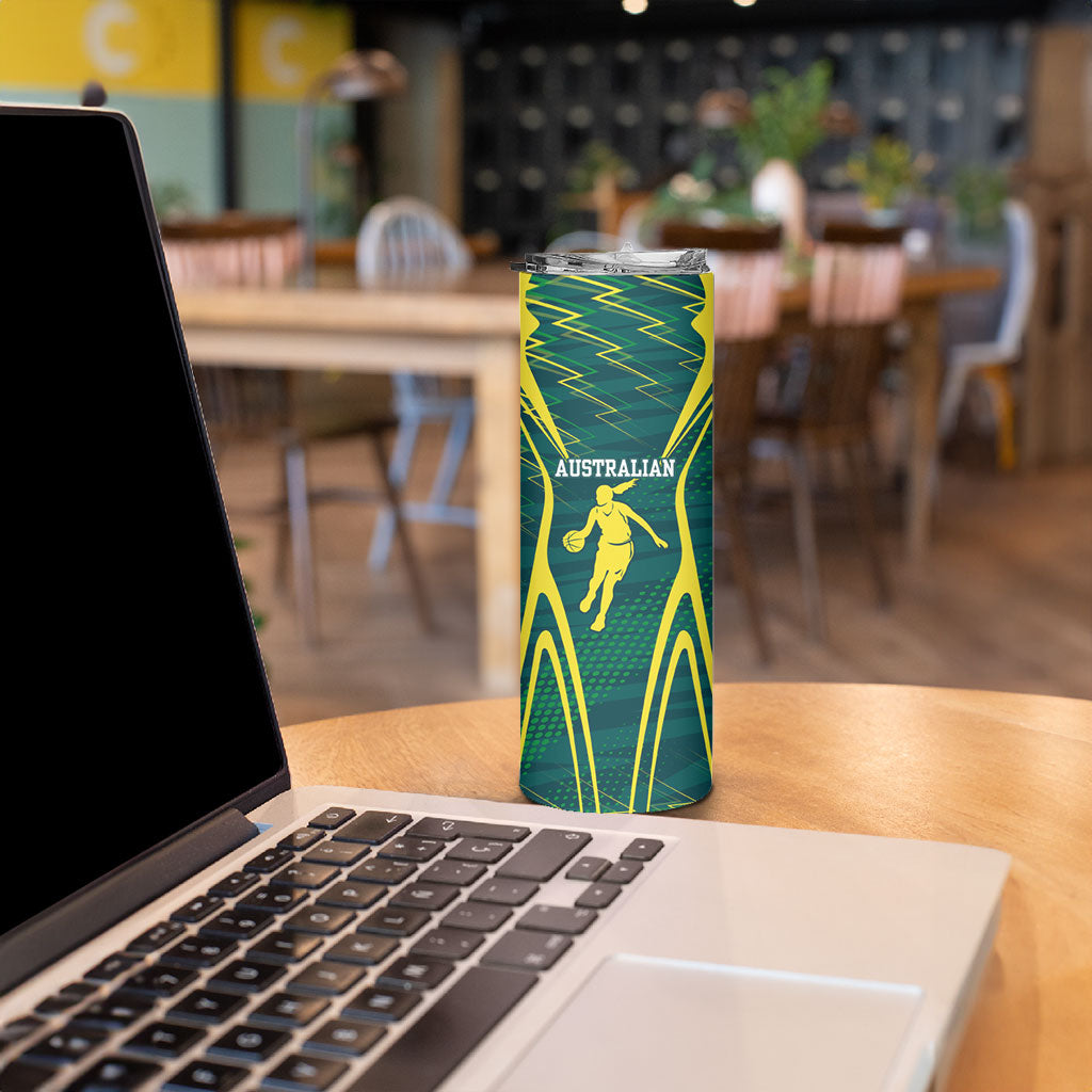 Australian Opals Basketball Skinny Tumbler Iconic Green And Gold Silhouette With Sharp Abstract Graphics