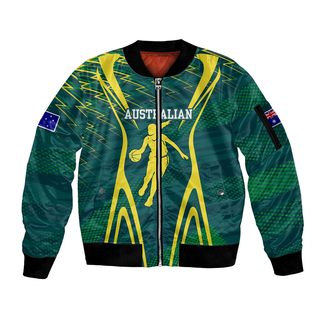 Australian Opals Basketball Sleeve Zip Bomber Jacket Iconic Green And Gold Silhouette With Sharp Abstract Graphics