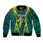 Australian Opals Basketball Sleeve Zip Bomber Jacket Iconic Green And Gold Silhouette With Sharp Abstract Graphics