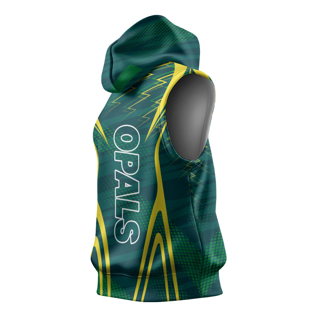 Australian Opals Basketball Sleeveless Hoodie Iconic Green And Gold Silhouette With Sharp Abstract Graphics