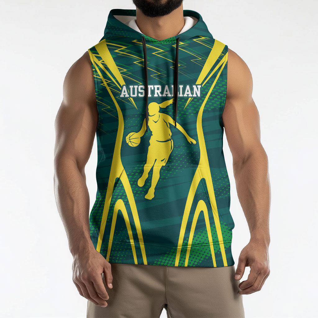 Australian Opals Basketball Sleeveless Hoodie Iconic Green And Gold Silhouette With Sharp Abstract Graphics
