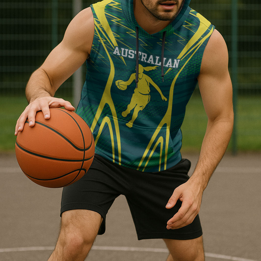 Australian Opals Basketball Sleeveless Hoodie Iconic Green And Gold Silhouette With Sharp Abstract Graphics