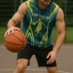 Australian Opals Basketball Sleeveless Hoodie Iconic Green And Gold Silhouette With Sharp Abstract Graphics
