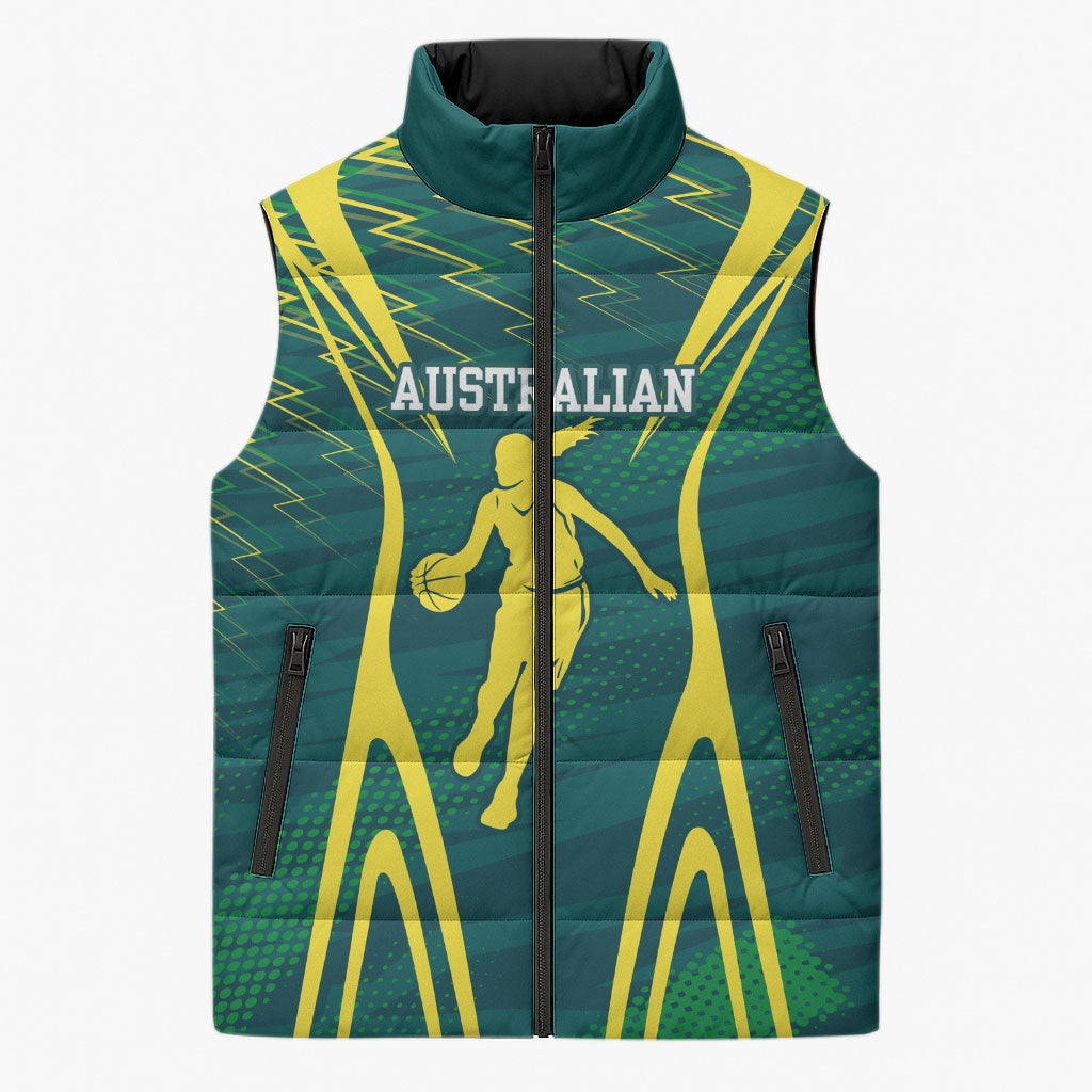 Australian Opals Basketball Sleeveless Puffer Jacket Iconic Green And Gold Silhouette With Sharp Abstract Graphics