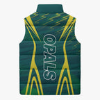 Australian Opals Basketball Sleeveless Puffer Jacket Iconic Green And Gold Silhouette With Sharp Abstract Graphics