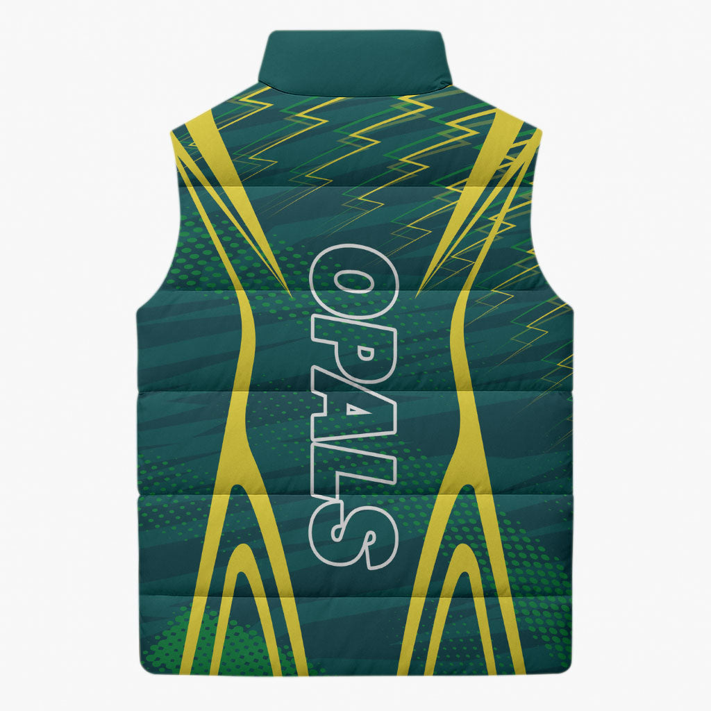 Australian Opals Basketball Sleeveless Puffer Jacket Iconic Green And Gold Silhouette With Sharp Abstract Graphics