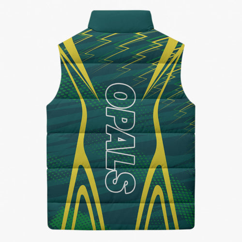 Australian Opals Basketball Sleeveless Puffer Jacket Iconic Green And Gold Silhouette With Sharp Abstract Graphics