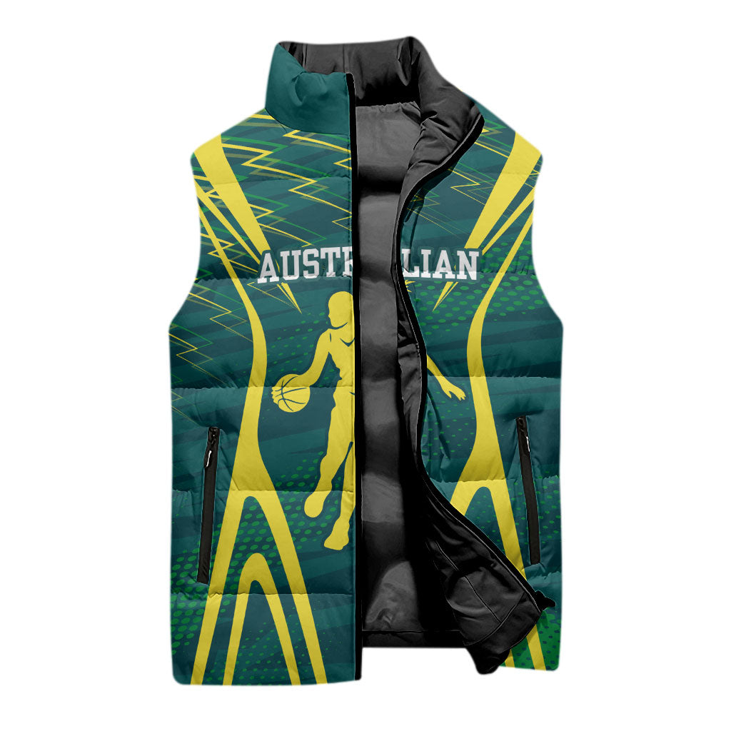 Australian Opals Basketball Sleeveless Puffer Jacket Iconic Green And Gold Silhouette With Sharp Abstract Graphics