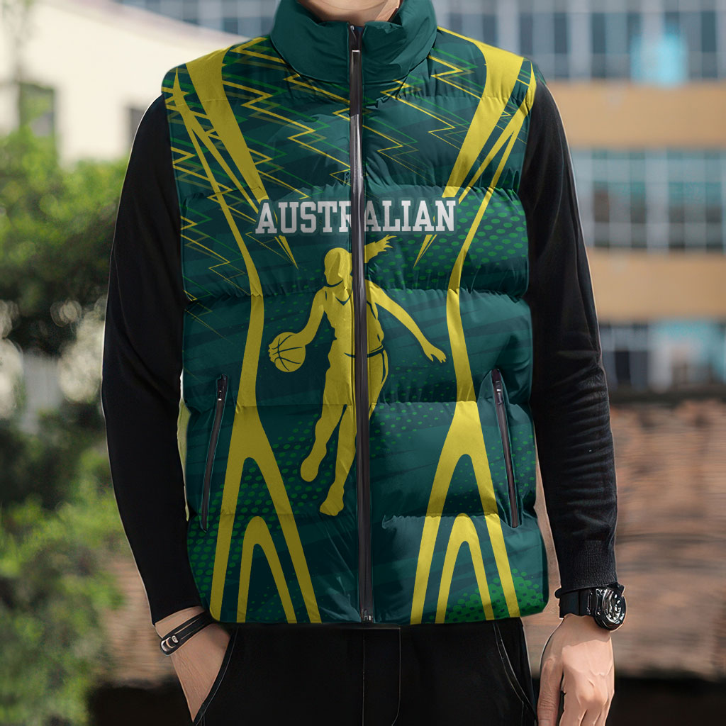 Australian Opals Basketball Sleeveless Puffer Jacket Iconic Green And Gold Silhouette With Sharp Abstract Graphics