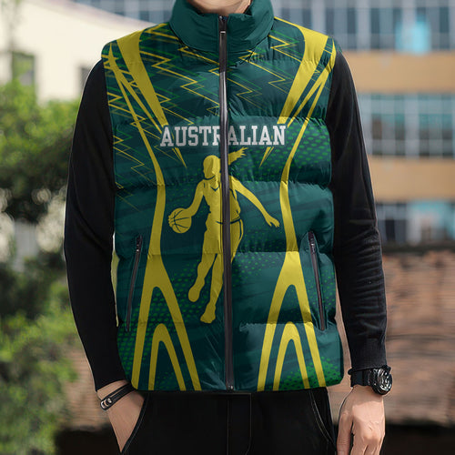 Australian Opals Basketball Sleeveless Puffer Jacket Iconic Green And Gold Silhouette With Sharp Abstract Graphics