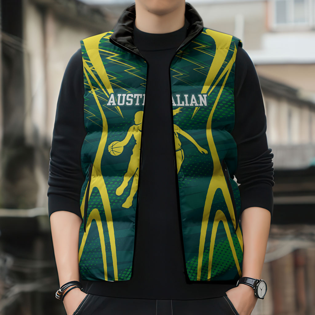 Australian Opals Basketball Sleeveless Puffer Jacket Iconic Green And Gold Silhouette With Sharp Abstract Graphics