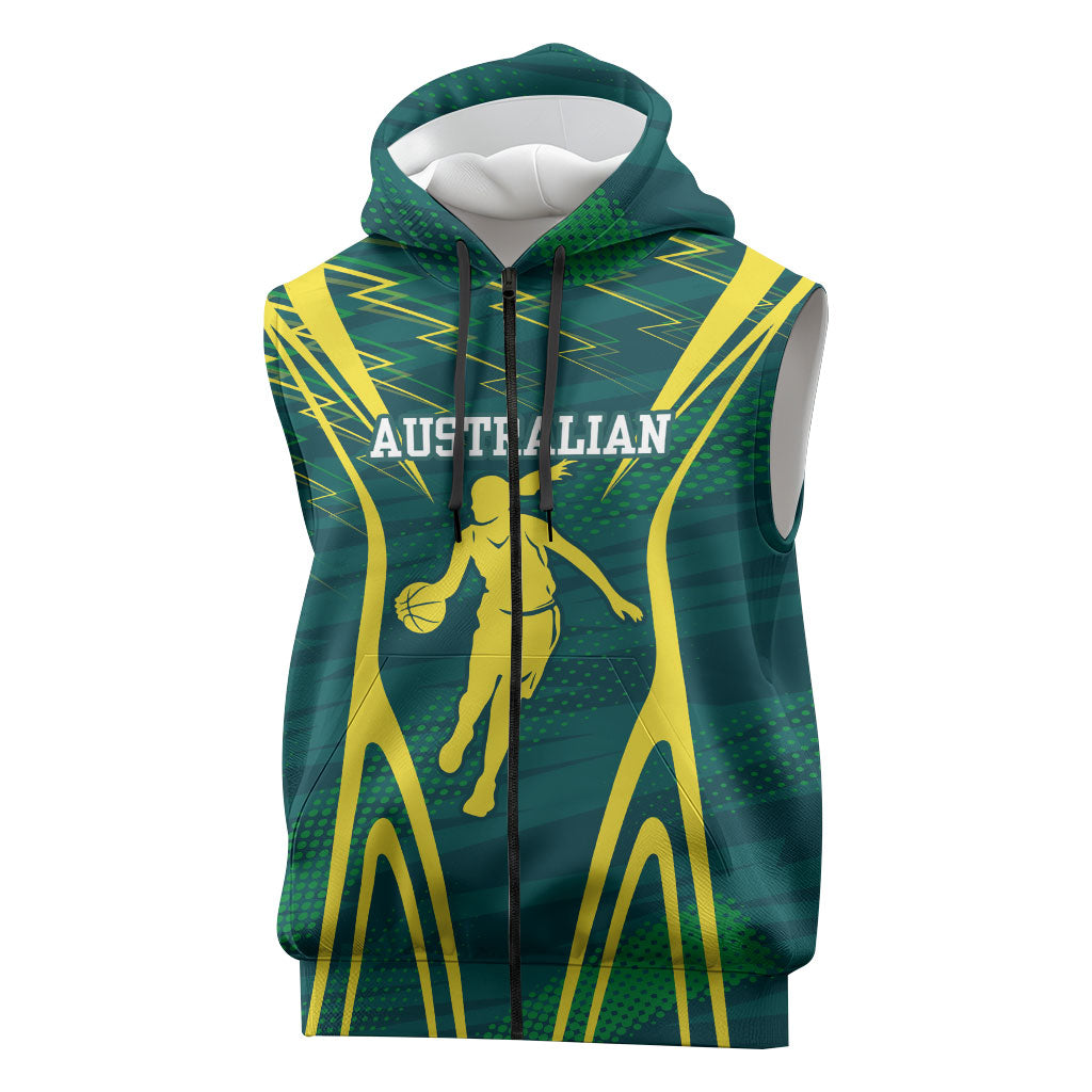 Australian Opals Basketball Sleeveless Zip Hoodie Iconic Green And Gold Silhouette With Sharp Abstract Graphics