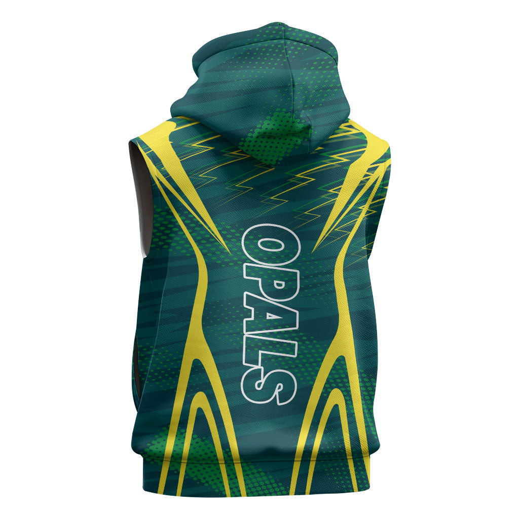 Australian Opals Basketball Sleeveless Zip Hoodie Iconic Green And Gold Silhouette With Sharp Abstract Graphics