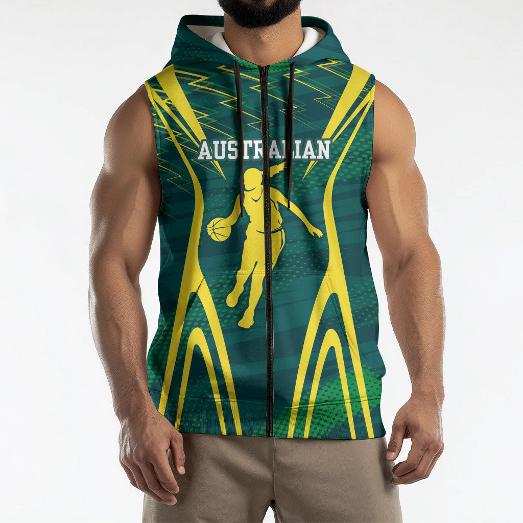 Australian Opals Basketball Sleeveless Zip Hoodie Iconic Green And Gold Silhouette With Sharp Abstract Graphics