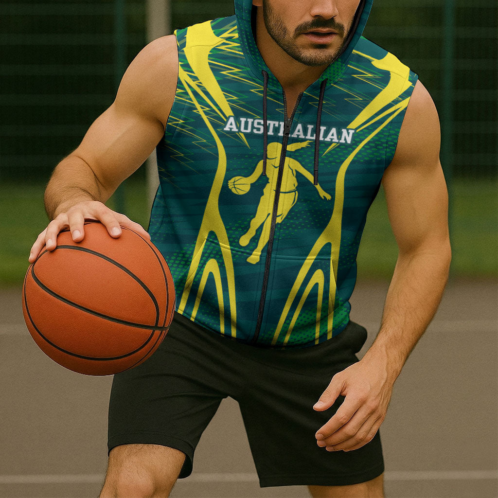 Australian Opals Basketball Sleeveless Zip Hoodie Iconic Green And Gold Silhouette With Sharp Abstract Graphics