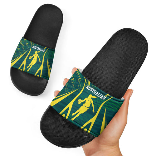 Australian Opals Basketball Slide Sandals Iconic Green And Gold Silhouette With Sharp Abstract Graphics