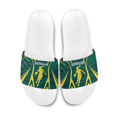 Australian Opals Basketball Slide Sandals Iconic Green And Gold Silhouette With Sharp Abstract Graphics