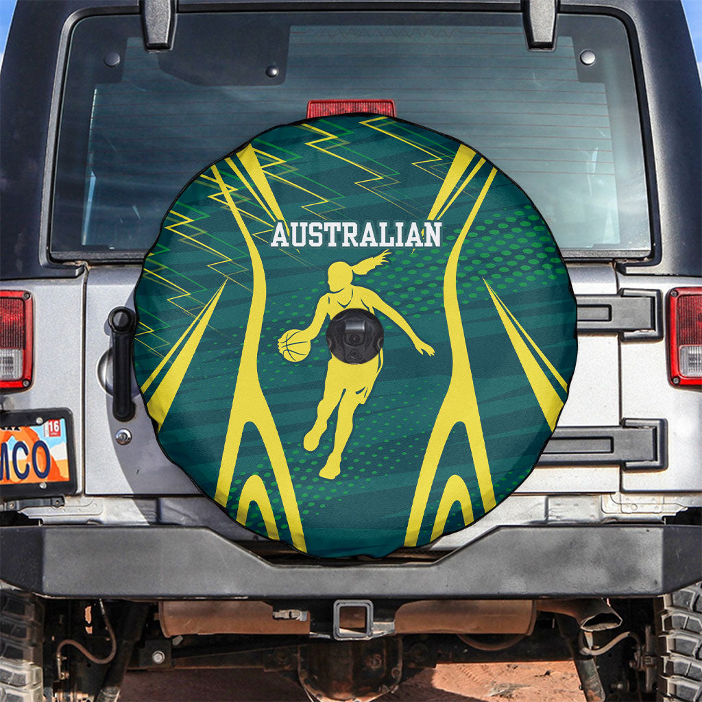 Australian Opals Basketball Spare Tire Cover Iconic Green And Gold Silhouette With Sharp Abstract Graphics