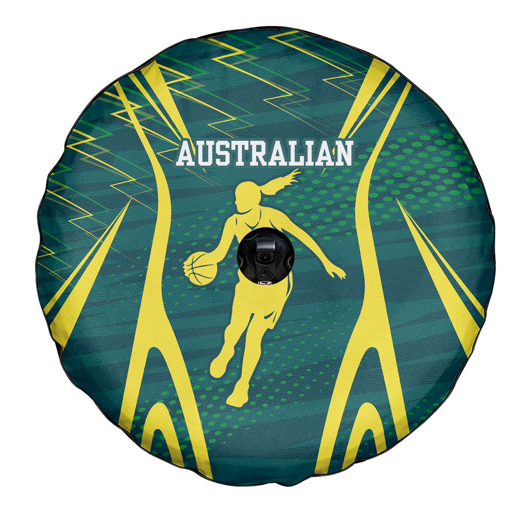 Australian Opals Basketball Spare Tire Cover Iconic Green And Gold Silhouette With Sharp Abstract Graphics