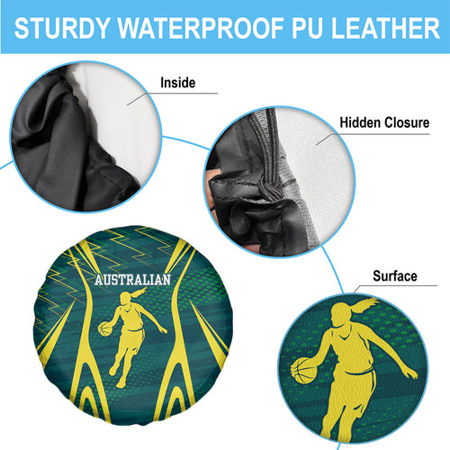 Australian Opals Basketball Spare Tire Cover Iconic Green And Gold Silhouette With Sharp Abstract Graphics