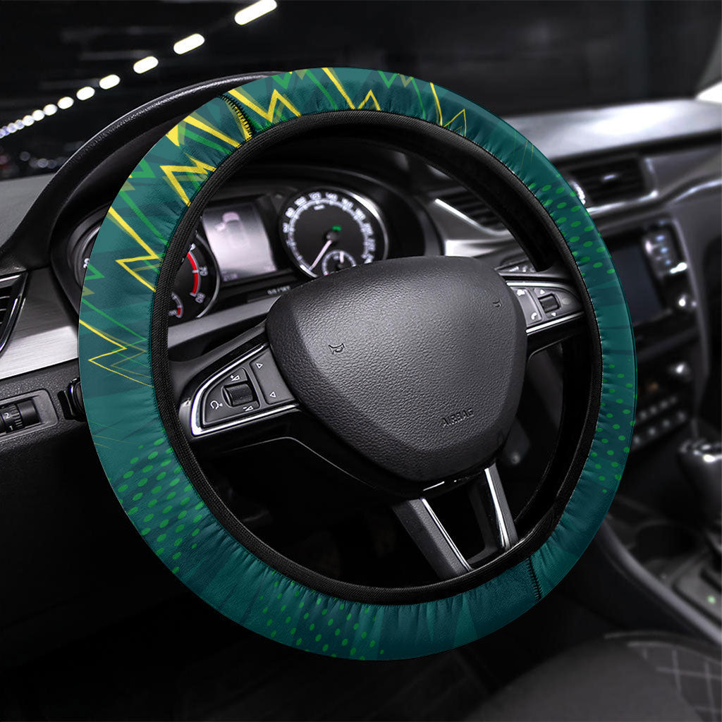 Australian Opals Basketball Steering Wheel Cover Iconic Green And Gold Silhouette With Sharp Abstract Graphics