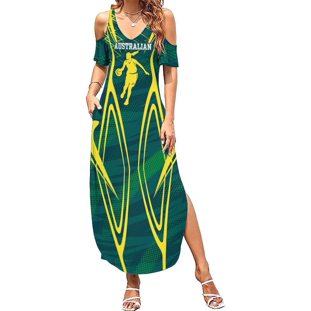 Australian Opals Basketball Summer Maxi Dress Iconic Green And Gold Silhouette With Sharp Abstract Graphics