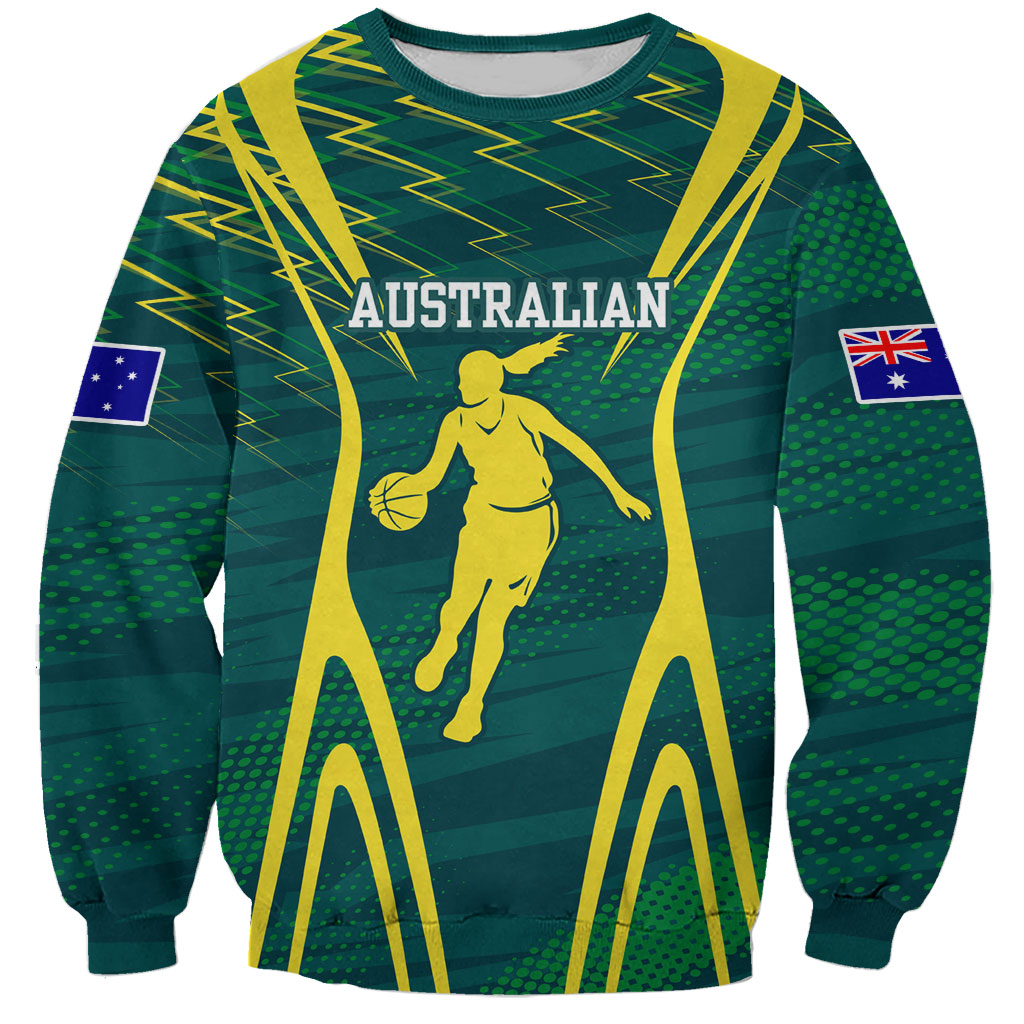 Australian Opals Basketball Sweatshirt Iconic Green And Gold Silhouette With Sharp Abstract Graphics