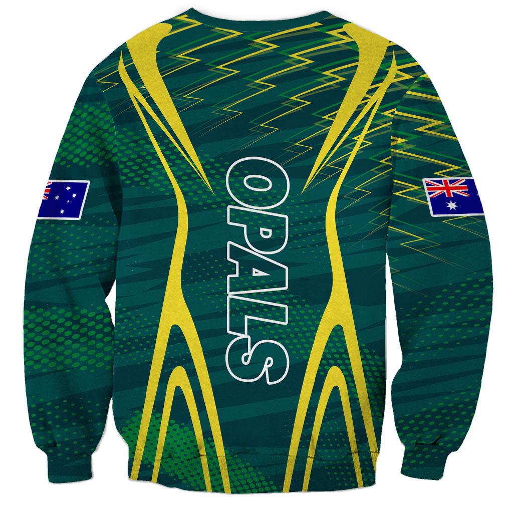 Australian Opals Basketball Sweatshirt Iconic Green And Gold Silhouette With Sharp Abstract Graphics