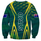 Australian Opals Basketball Sweatshirt Iconic Green And Gold Silhouette With Sharp Abstract Graphics
