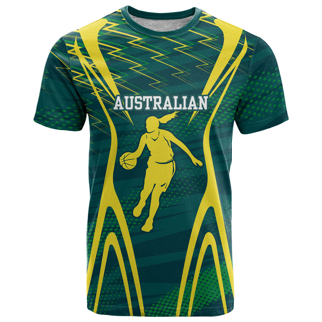 Australian Opals Basketball T Shirt Iconic Green And Gold Silhouette With Sharp Abstract Graphics
