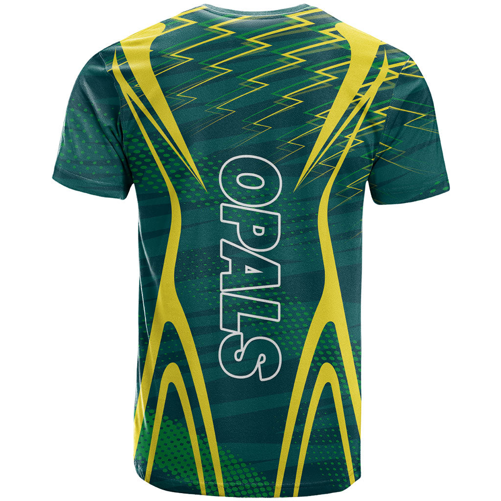 Australian Opals Basketball T Shirt Iconic Green And Gold Silhouette With Sharp Abstract Graphics