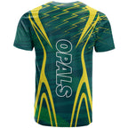 Australian Opals Basketball T Shirt Iconic Green And Gold Silhouette With Sharp Abstract Graphics