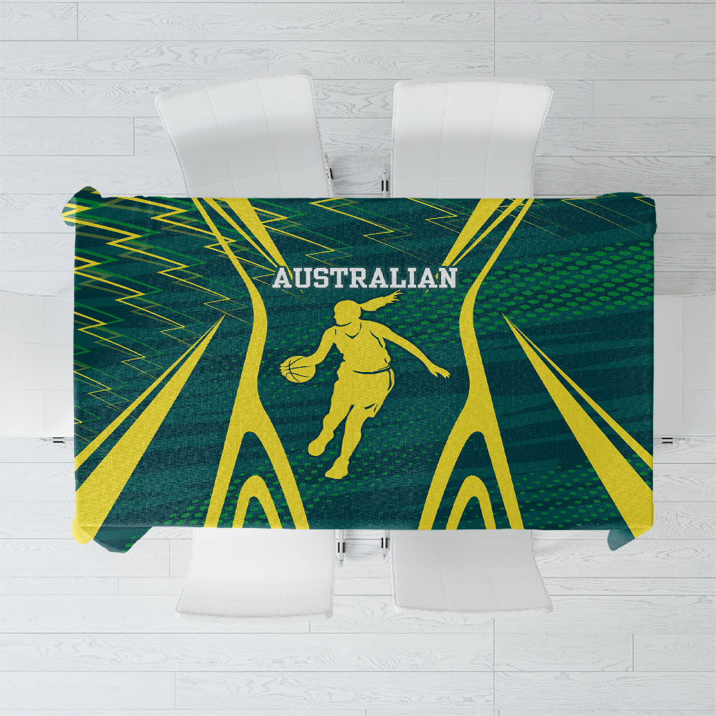 Australian Opals Basketball Tablecloth Iconic Green And Gold Silhouette With Sharp Abstract Graphics
